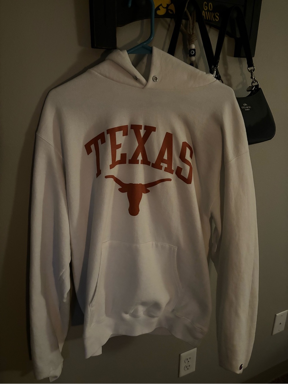 Champion White Crewneck Hoodie with Burnt Orange Texas Logo